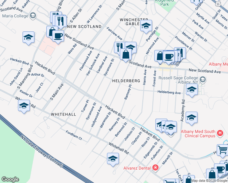 map of restaurants, bars, coffee shops, grocery stores, and more near 90 Hollywood Avenue in Albany