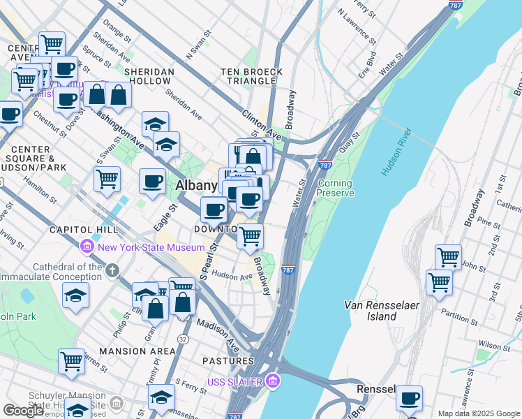 map of restaurants, bars, coffee shops, grocery stores, and more near 524 Broadway in Albany