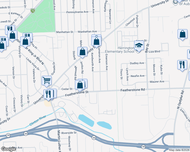 map of restaurants, bars, coffee shops, grocery stores, and more near 448 Kenilworth Avenue in Pontiac