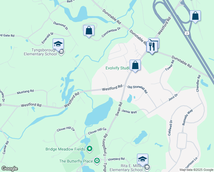 map of restaurants, bars, coffee shops, grocery stores, and more near 60 Windemere Circle in Tyngsborough
