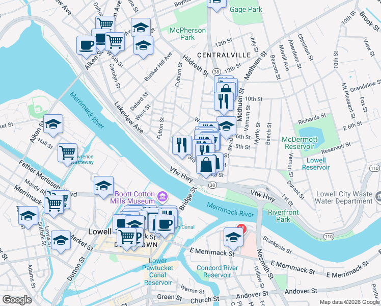 map of restaurants, bars, coffee shops, grocery stores, and more near 55 West 3rd Street in Lowell