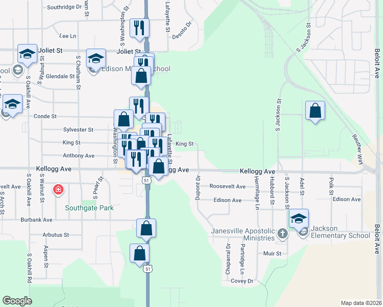 map of restaurants, bars, coffee shops, grocery stores, and more near 1936 Dupont Drive in Janesville