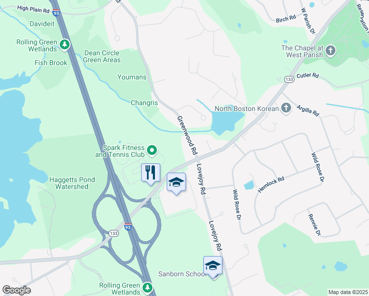 map of restaurants, bars, coffee shops, grocery stores, and more near 12 Greenwood Road in Andover