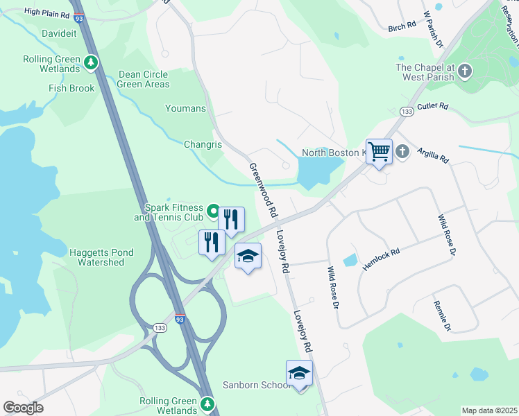 map of restaurants, bars, coffee shops, grocery stores, and more near 12 Greenwood Road in Andover
