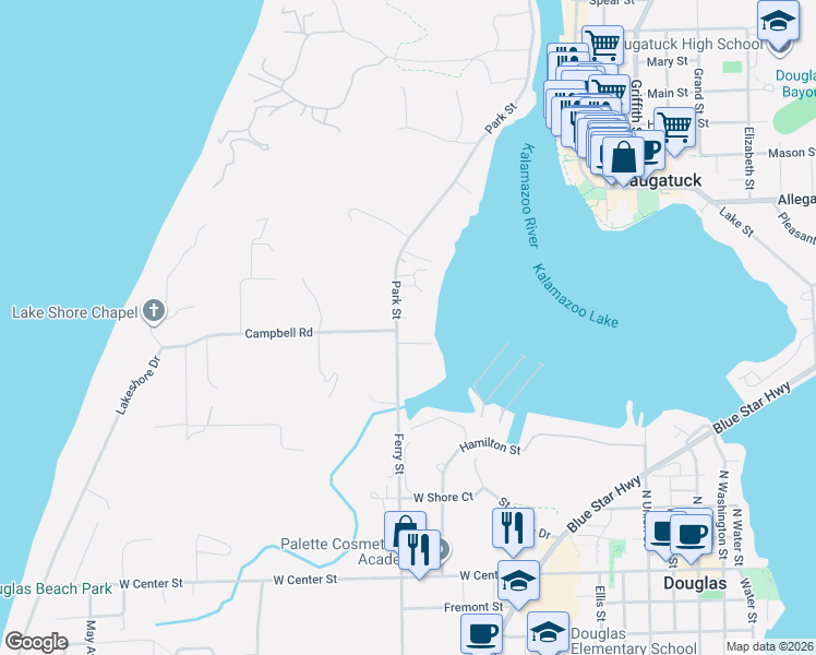 map of restaurants, bars, coffee shops, grocery stores, and more near 10 Park Street in Saugatuck