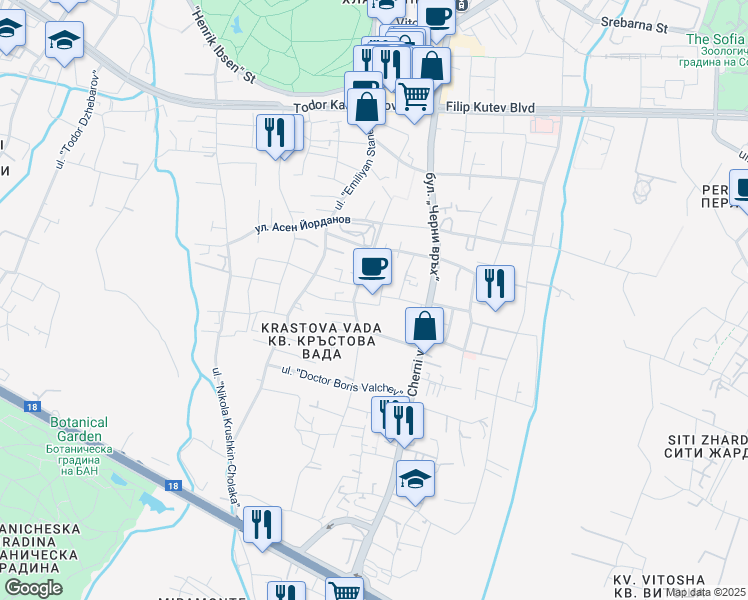 map of restaurants, bars, coffee shops, grocery stores, and more near 9 ulitsa "Sofia" in Sofia