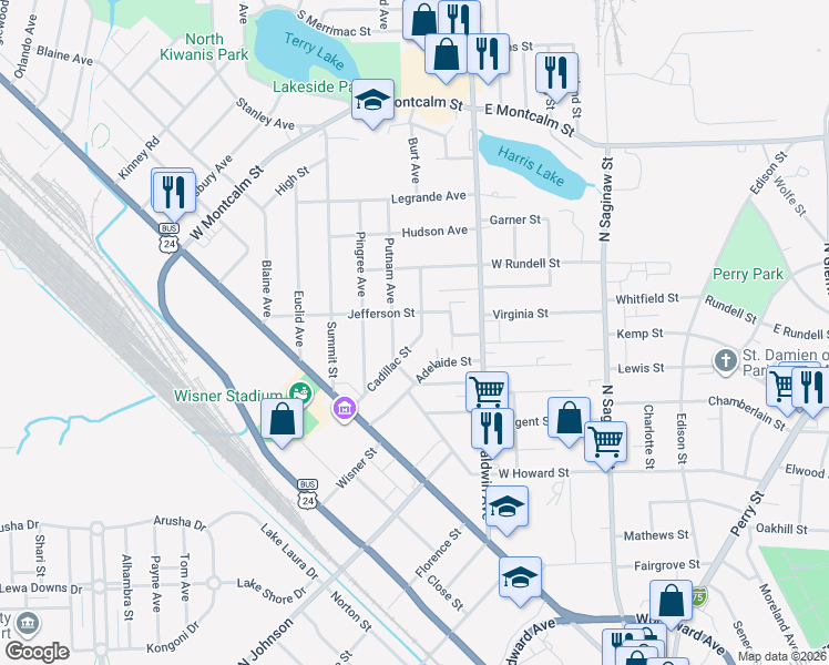 map of restaurants, bars, coffee shops, grocery stores, and more near 40 Putnam Avenue in Pontiac