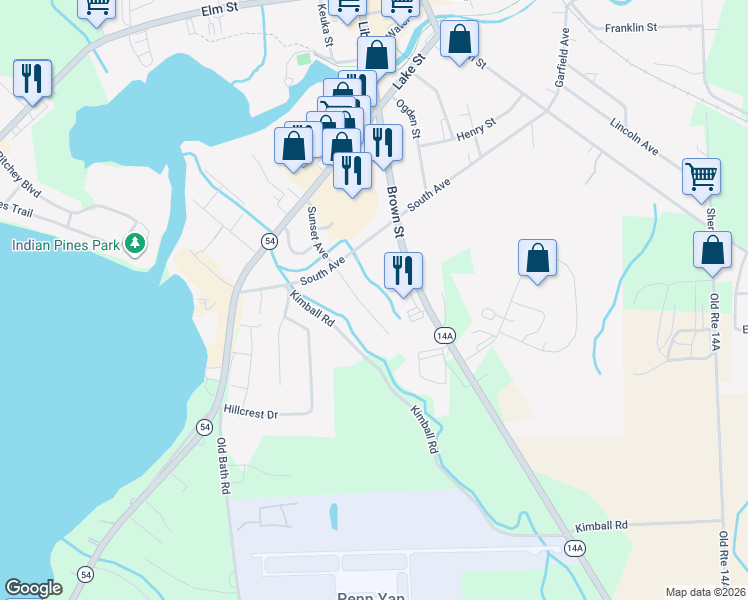 map of restaurants, bars, coffee shops, grocery stores, and more near 112 Sunset Ave in Penn Yan
