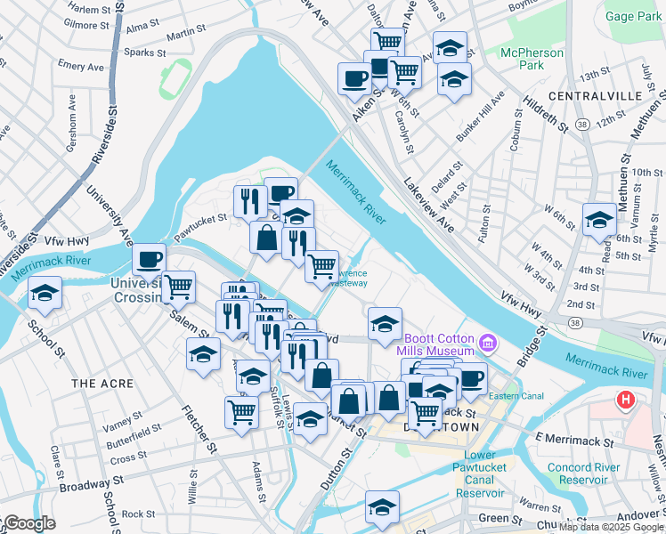 map of restaurants, bars, coffee shops, grocery stores, and more near 720 Suffolk Street in Lowell