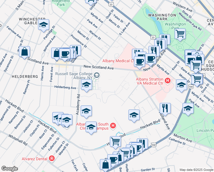 map of restaurants, bars, coffee shops, grocery stores, and more near 100 Union Drive in Albany