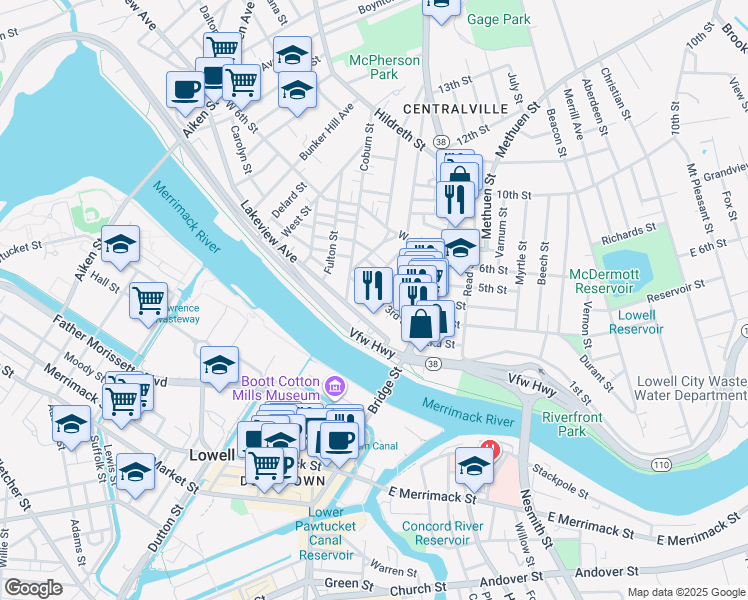 map of restaurants, bars, coffee shops, grocery stores, and more near 55 West 3rd Street in Lowell