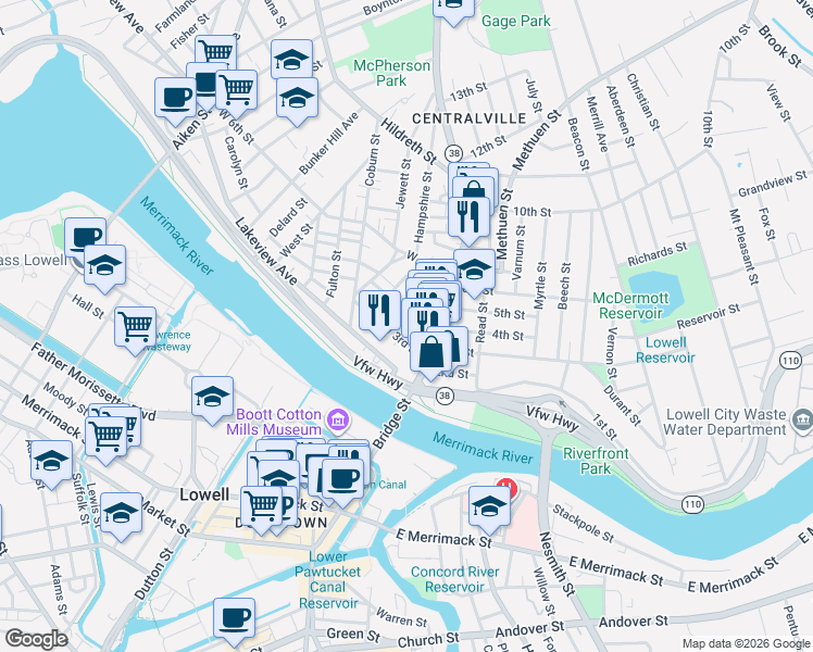 map of restaurants, bars, coffee shops, grocery stores, and more near 55 West 3rd Street in Lowell
