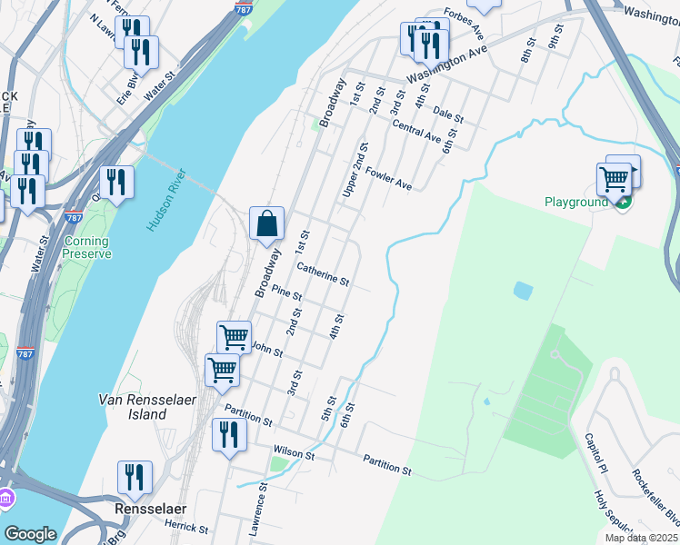 map of restaurants, bars, coffee shops, grocery stores, and more near 1318 3rd Street in Rensselaer