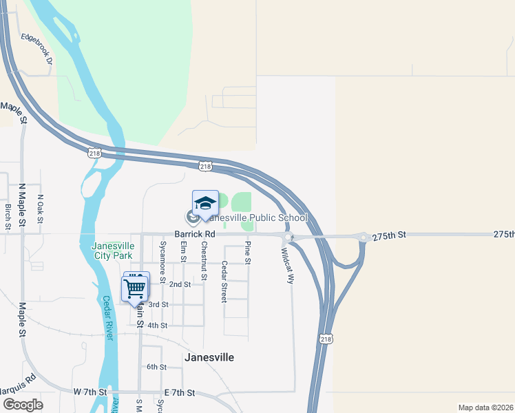 map of restaurants, bars, coffee shops, grocery stores, and more near 227 Pine Street in Janesville