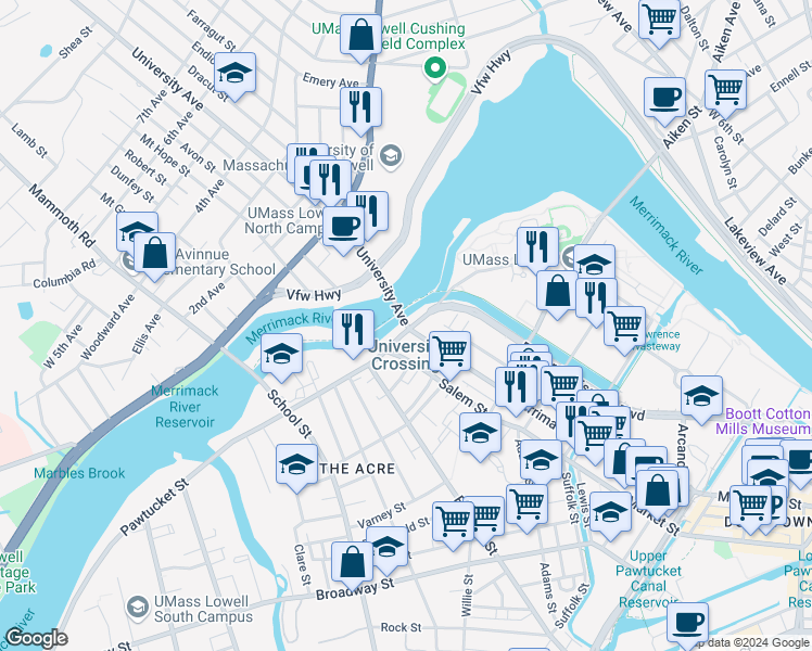 map of restaurants, bars, coffee shops, grocery stores, and more near 200 Pawtucket Street in Lowell