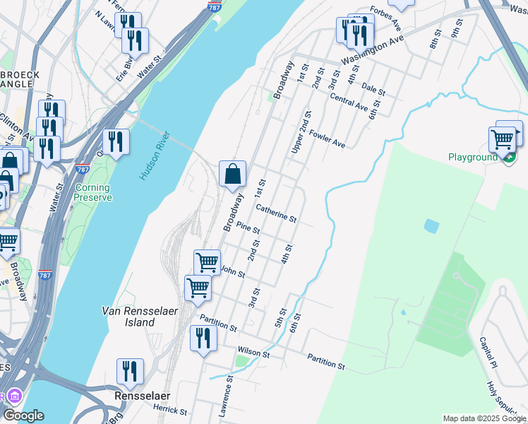 map of restaurants, bars, coffee shops, grocery stores, and more near 1303 2nd Street in Rensselaer