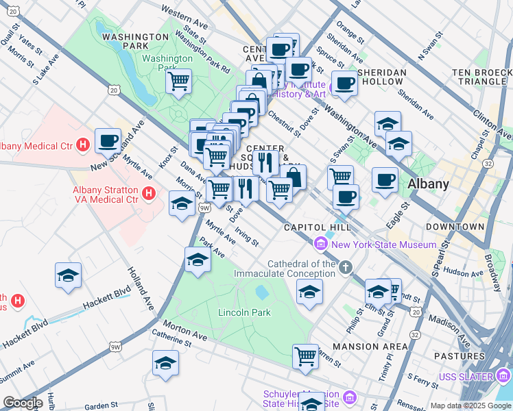 map of restaurants, bars, coffee shops, grocery stores, and more near 370 Madison Avenue in Albany