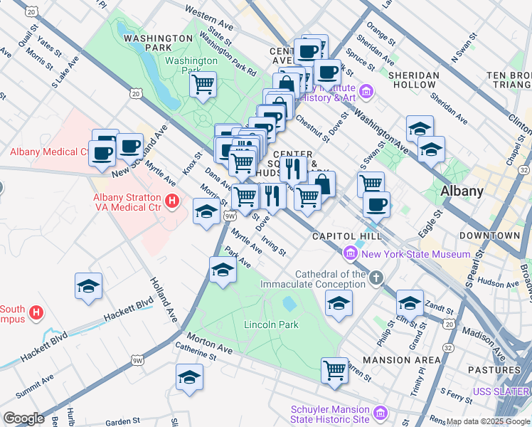 map of restaurants, bars, coffee shops, grocery stores, and more near 255 Elm Street in Albany