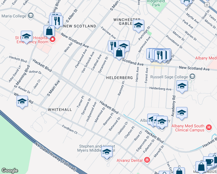 map of restaurants, bars, coffee shops, grocery stores, and more near 90 Hollywood Avenue in Albany