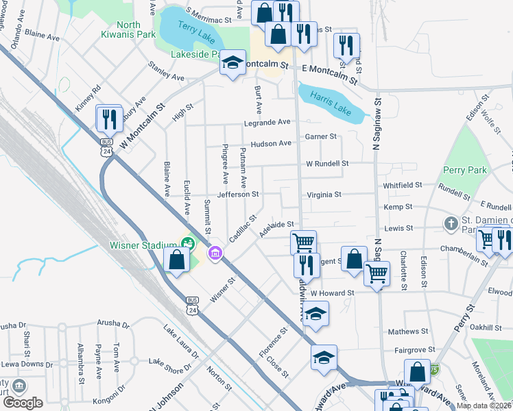 map of restaurants, bars, coffee shops, grocery stores, and more near 40 Putnam Avenue in Pontiac