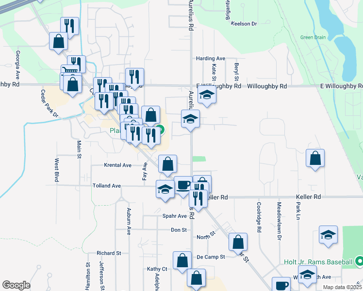 map of restaurants, bars, coffee shops, grocery stores, and more near 2371 North Aurelius Road in Delhi charter Township