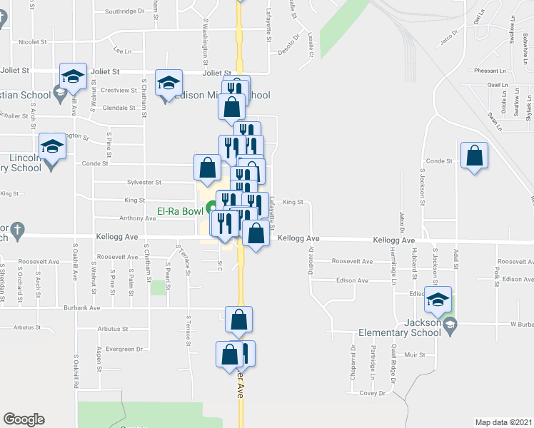 map of restaurants, bars, coffee shops, grocery stores, and more near 1920 Lafayette Street in Janesville
