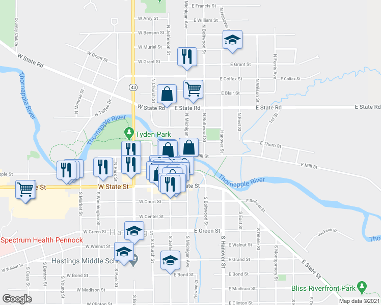 map of restaurants, bars, coffee shops, grocery stores, and more near 305 North Michigan Avenue in Hastings