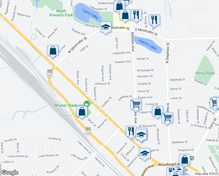 map of restaurants, bars, coffee shops, grocery stores, and more near 35 Putnam Avenue in Pontiac