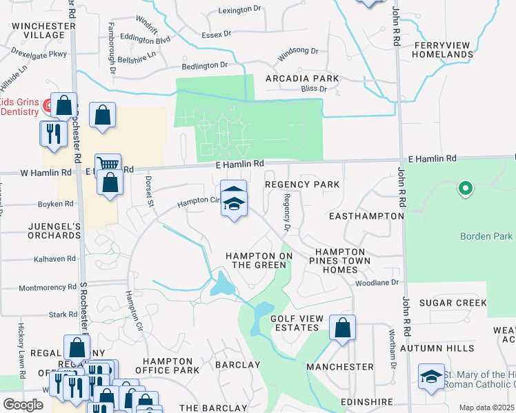 map of restaurants, bars, coffee shops, grocery stores, and more near 94 Dorchester Drive in Rochester Hills