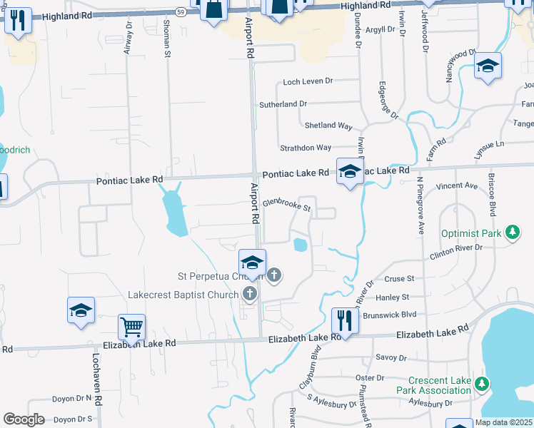 map of restaurants, bars, coffee shops, grocery stores, and more near 500 Maplebrook Lane in Waterford Township