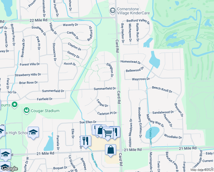 map of restaurants, bars, coffee shops, grocery stores, and more near 21717 Summerfield Drive in Macomb