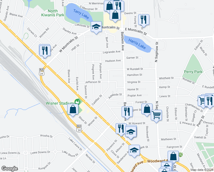 map of restaurants, bars, coffee shops, grocery stores, and more near 109 Cadillac Street in Pontiac