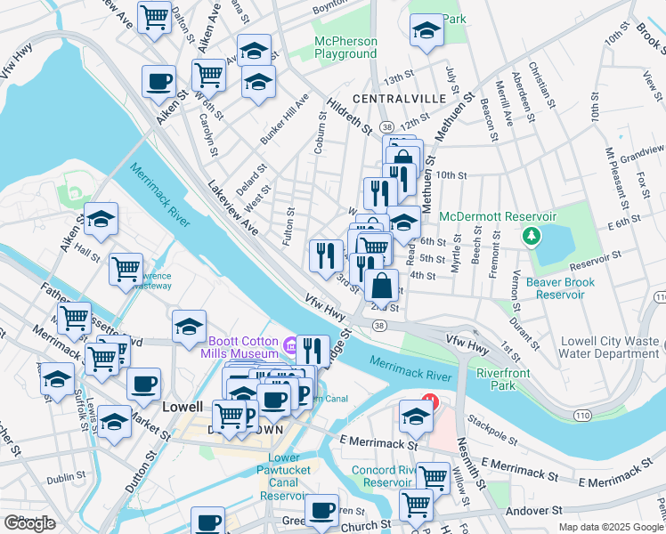 map of restaurants, bars, coffee shops, grocery stores, and more near 55 West 3rd Street in Lowell