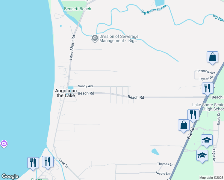 map of restaurants, bars, coffee shops, grocery stores, and more near 8597 Florence Avenue in Angola