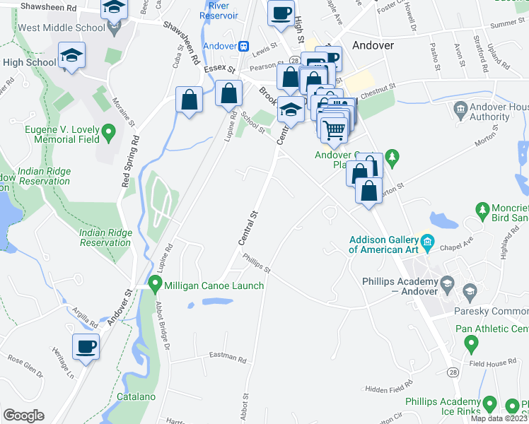 map of restaurants, bars, coffee shops, grocery stores, and more near 60 Central Street in Andover