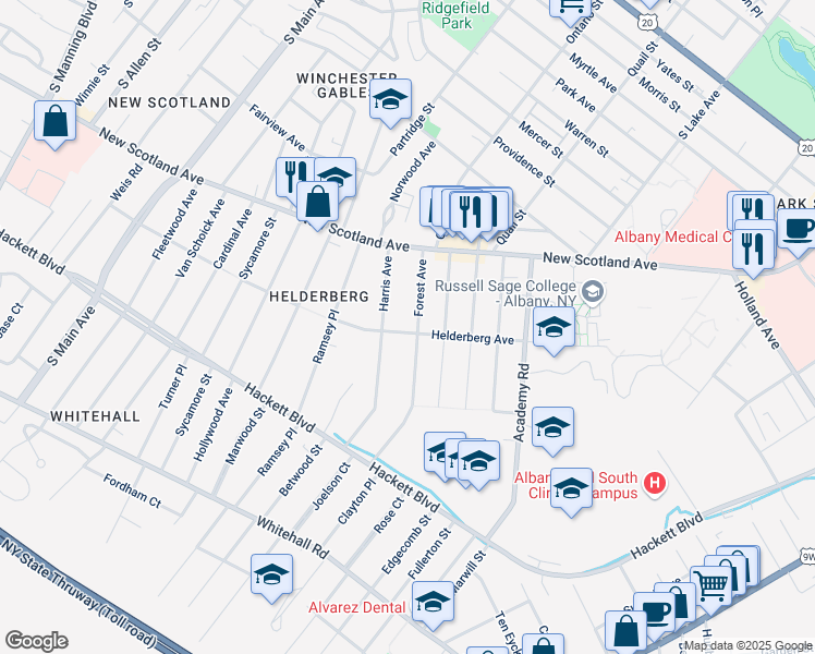 map of restaurants, bars, coffee shops, grocery stores, and more near 31 Forest Avenue in Albany