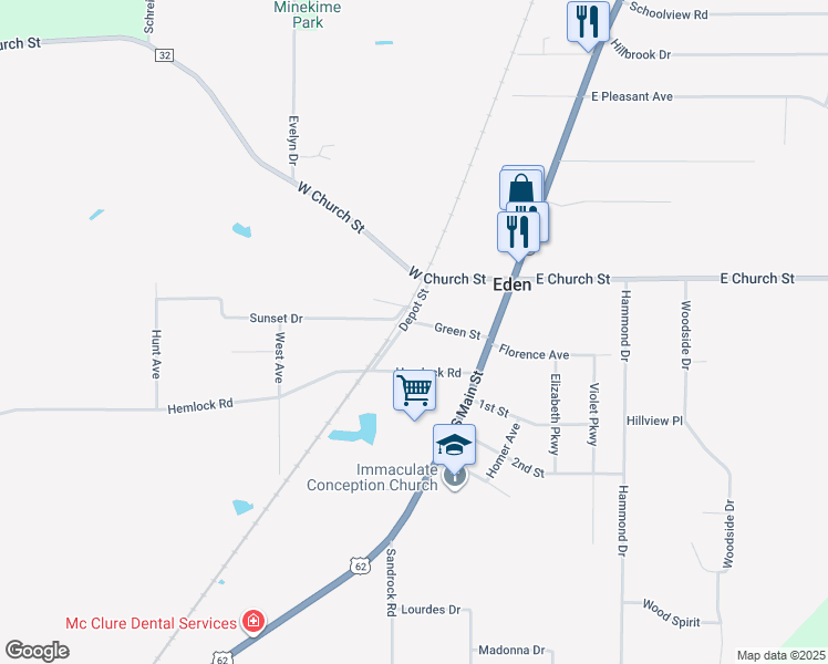 map of restaurants, bars, coffee shops, grocery stores, and more near 8600 Depot Street in Eden