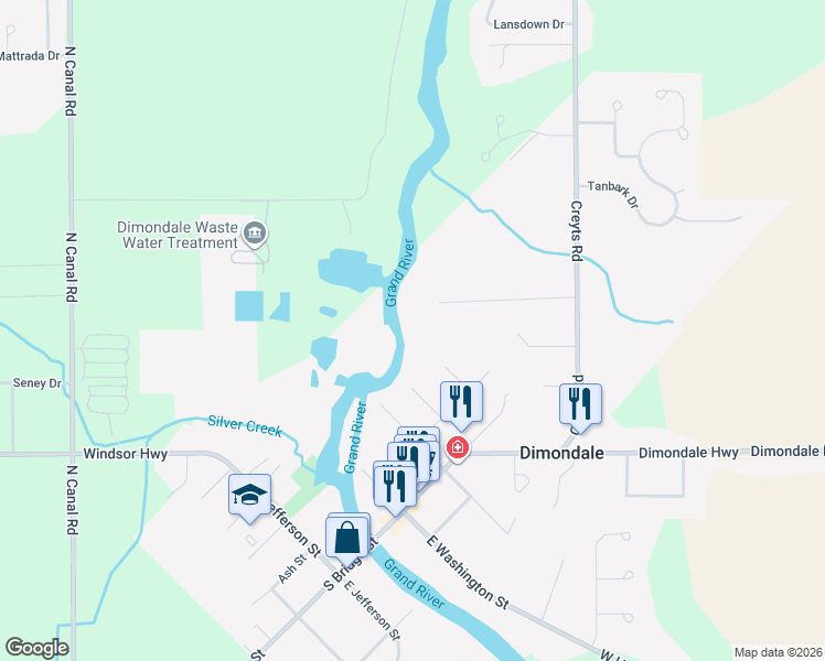 map of restaurants, bars, coffee shops, grocery stores, and more near 255 Reedy Court in Windsor charter Township