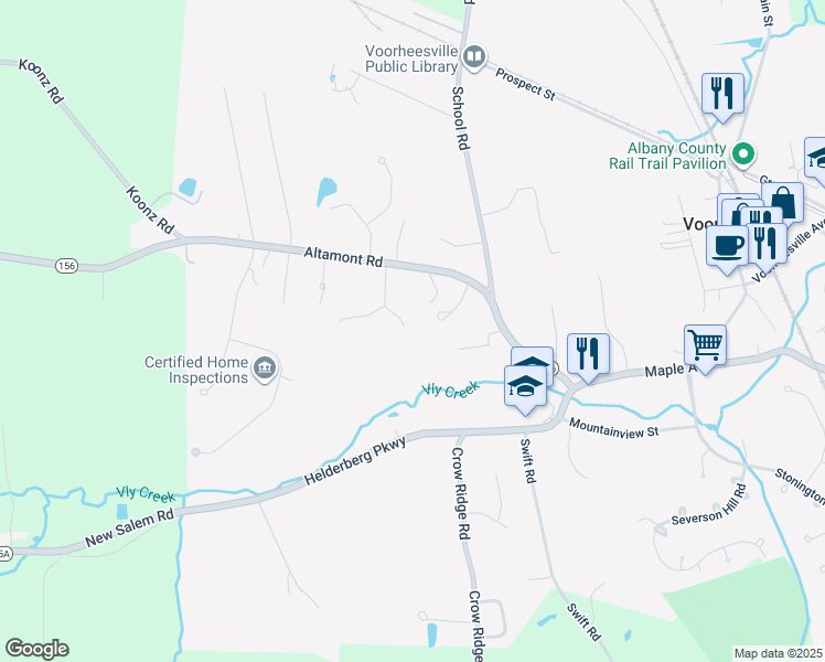 map of restaurants, bars, coffee shops, grocery stores, and more near 12 Pheasant Run in Voorheesville