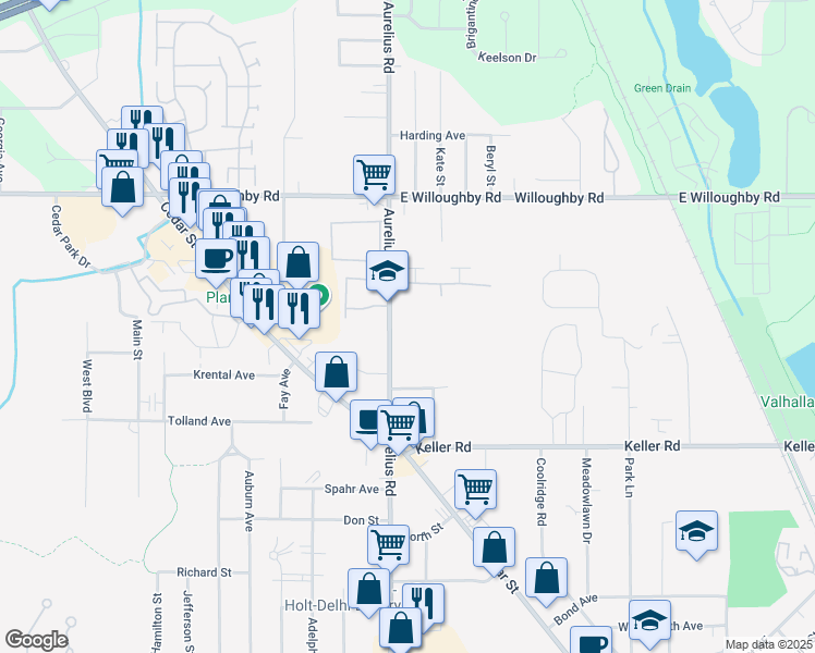map of restaurants, bars, coffee shops, grocery stores, and more near 2370 Aurelius Road in Delhi Charter Township
