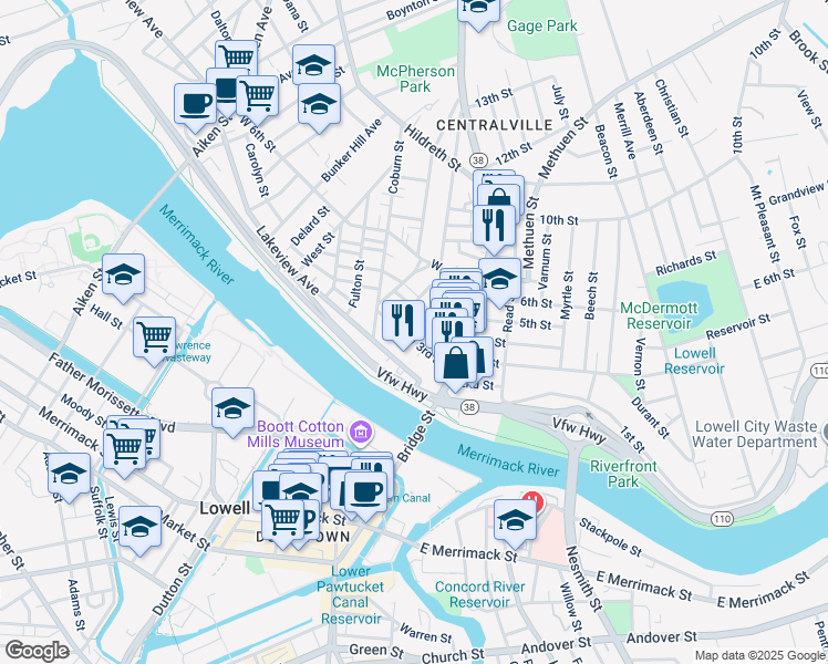 map of restaurants, bars, coffee shops, grocery stores, and more near 55 West 3rd Street in Lowell