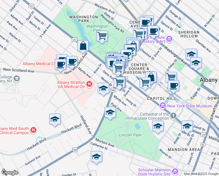 map of restaurants, bars, coffee shops, grocery stores, and more near 10 Morris Street in Albany