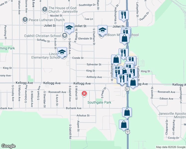 map of restaurants, bars, coffee shops, grocery stores, and more near 1914 South Chatham Street in Janesville