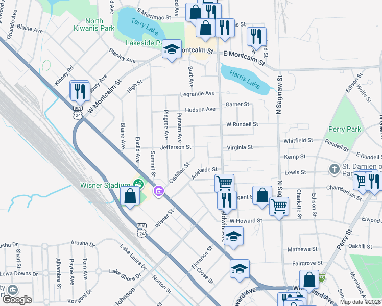 map of restaurants, bars, coffee shops, grocery stores, and more near 40 Putnam Avenue in Pontiac
