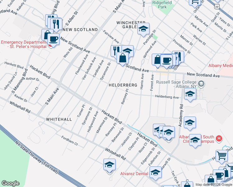map of restaurants, bars, coffee shops, grocery stores, and more near 54 Pinewood Avenue in Albany