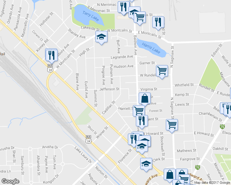 map of restaurants, bars, coffee shops, grocery stores, and more near 40 Putnam Avenue in Pontiac