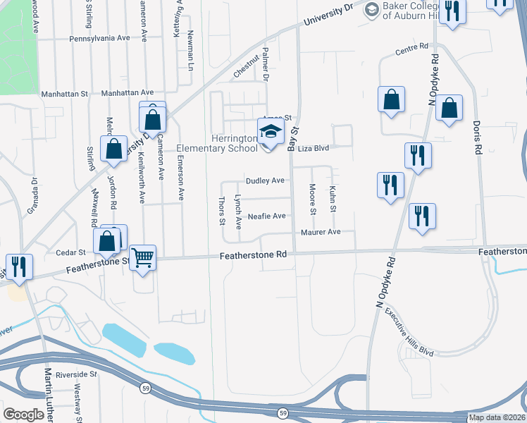 map of restaurants, bars, coffee shops, grocery stores, and more near 1173 Neafie Avenue in Pontiac