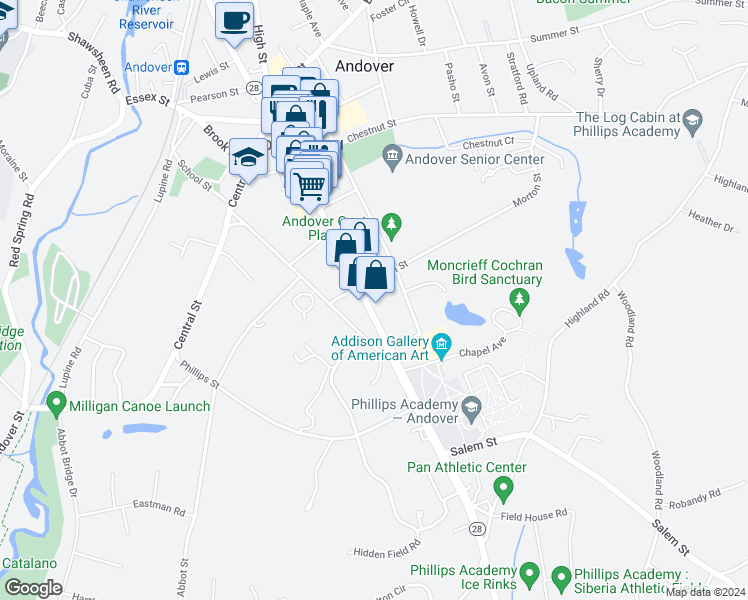 map of restaurants, bars, coffee shops, grocery stores, and more near 138 Main Street in Andover