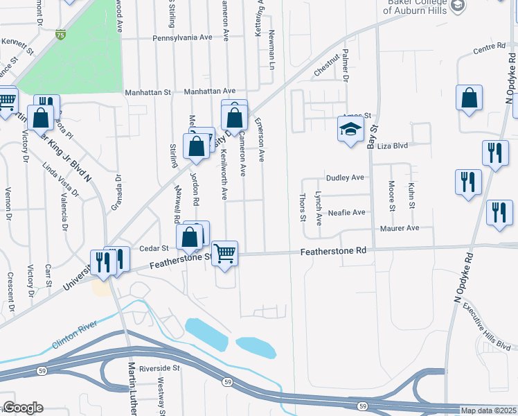 map of restaurants, bars, coffee shops, grocery stores, and more near 448 Cameron Avenue in Pontiac
