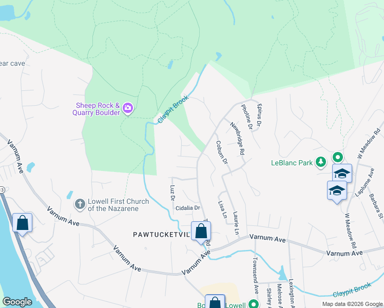 map of restaurants, bars, coffee shops, grocery stores, and more near 11 Oberlin Avenue in Lowell